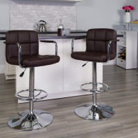 Flash Furniture Contemporary Brown Quilted Vinyl Adjustable Height Bar Stool with Arms and Chrome Base CH-102029-BRN-GG